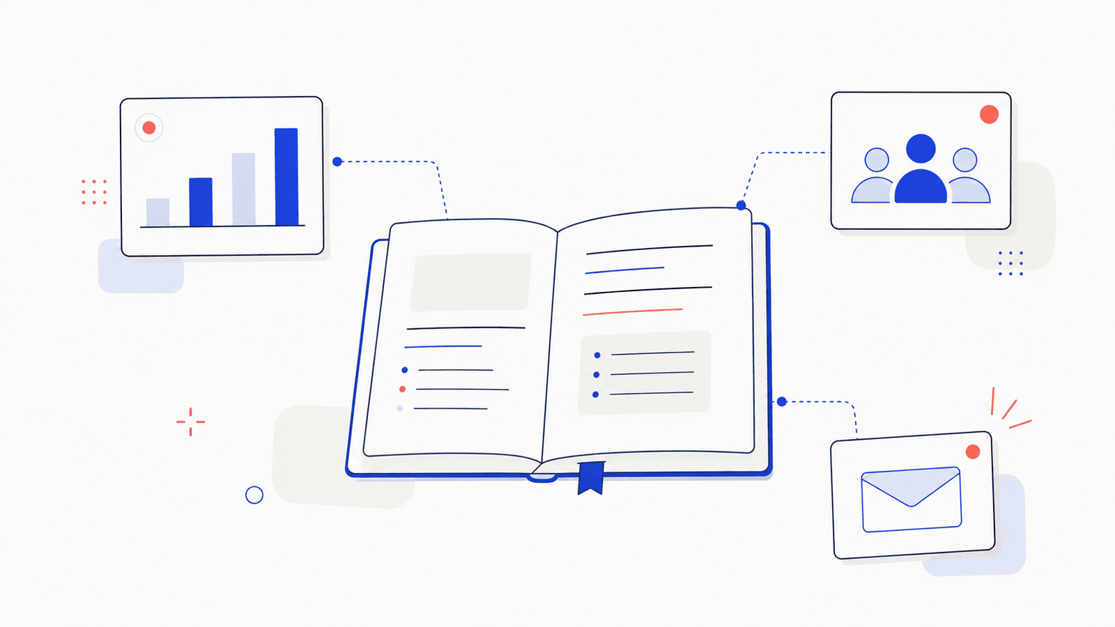 Illustration of marketing playbooks, dashboards, and channels connected to a shared data source.
